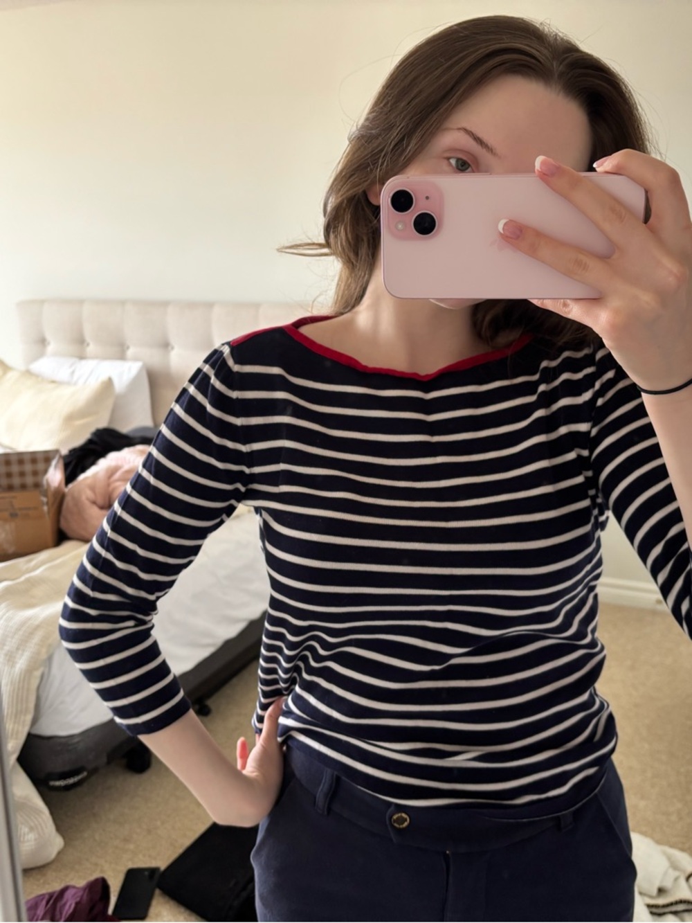 Lauren Ralph Lauren Navy and White Striped Long Sleeve Top with Red Trim